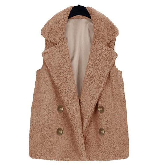 ONE LEFT M! Sherpa Camel Double Breasted Vest Coat - Picture 2 of 3